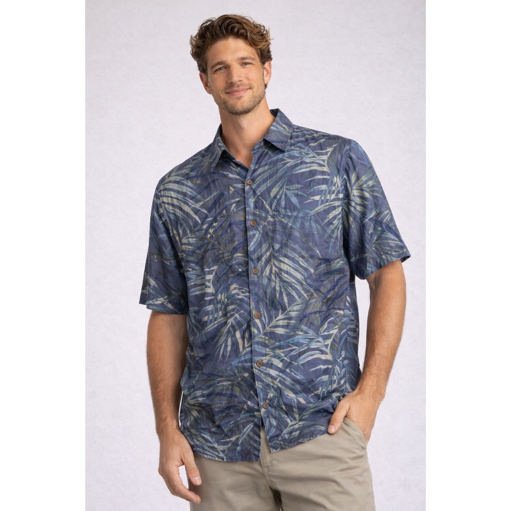 Tommy Bahama 100% Silk Hawaiian Shirt Blue Palm Print XL‎